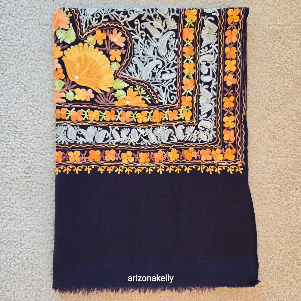 NWOT Wool Scarf with Chain Stitch Embroidery Purple Orange. - Picture 13 of 15